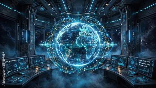 Futuristic Digital Earth Hologram in Control Room.