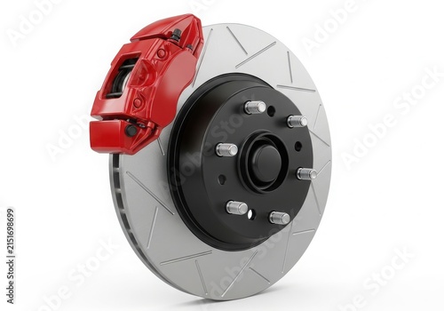Close-up of brake caliper and disc wheel isolated on white background