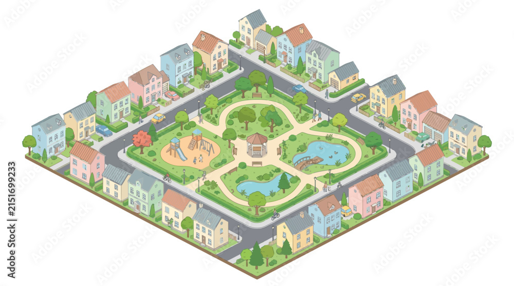 Fototapeta premium Cozy Neighborhood Park Scene Isometric Pixel Art