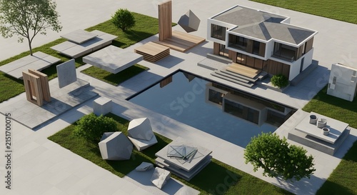 Modern floating villa architectural visualization with pool.