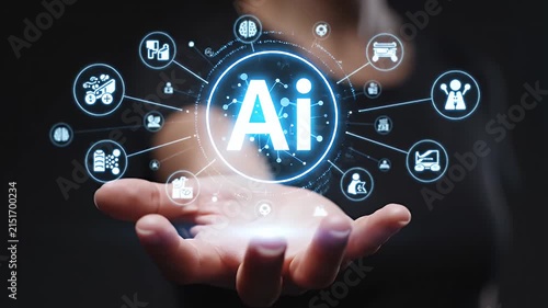 Blue AI circle hologram hovering above an open hand.