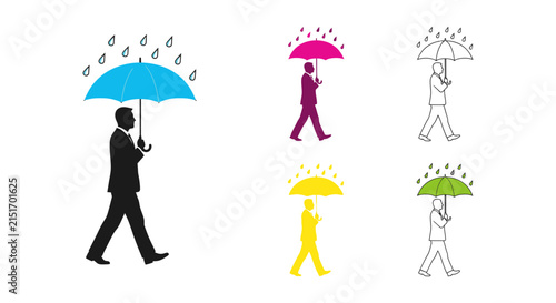 Silhouette of a businessman with umbrella in multiple color variations