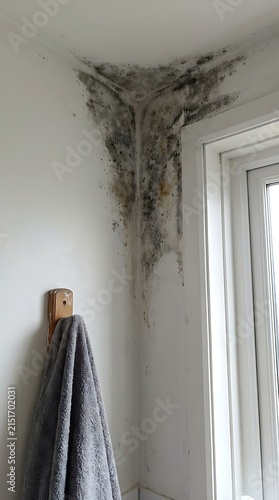 Dark black mold growing in the corner of a white painted wall near a window frame with a grey towel hanging on a wooden hook in bathroom