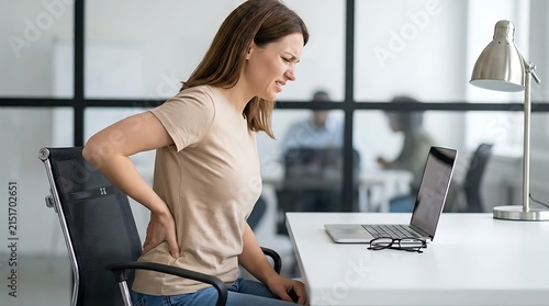 Businesswoman sitting at a desk in an office feeling back pain while working on a laptop and holding her lower back with a pained expression