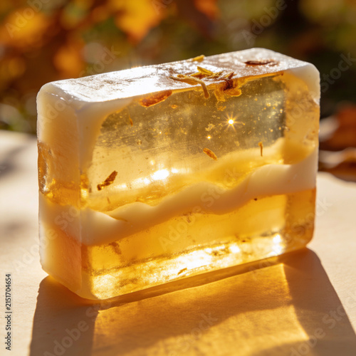 Handmade natural herbal soap bar glowing in warm sunlight with dried flowers and autumn bokeh background