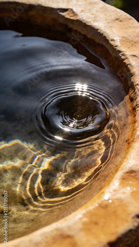 Water drop ripple forming circular waves in a stone basin under bright sunlight