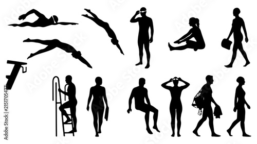 Set of silhouettes of swimmers and people at the swimming pool vector illustration