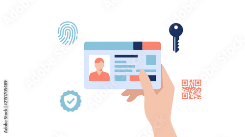 Hand Holding Personal ID Card with Security Icons and QR Code