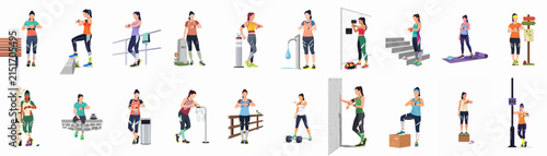 Collection of Vector Illustrations Featuring People Using Smartwatches and Fitness Trackers During Various Outdoor Exercises and Activities