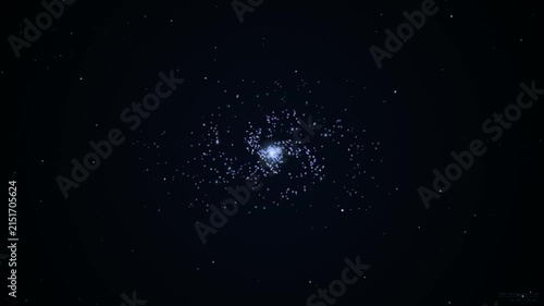 A digital animation showing a luminous spiraling particle galaxy cluster expanding against a dark black cosmic space background