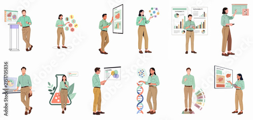 Bild auf Leinwand Set of diverse professional characters presenting scientific research, medical data, business analytics, and educational concepts in a flat cartoon illustration style