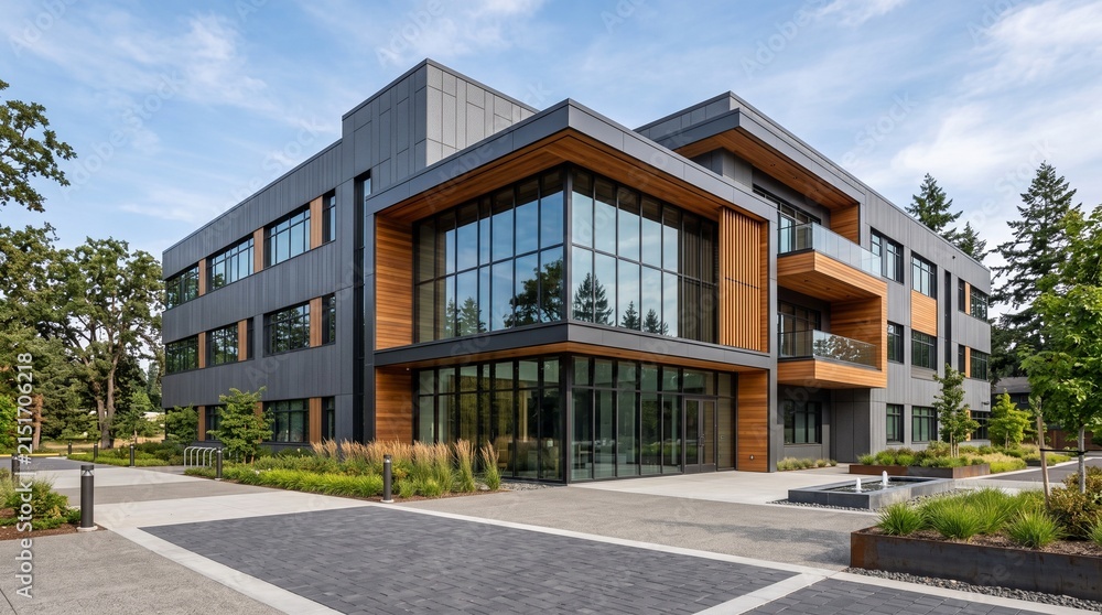Fototapeta premium Modern office building exterior with glass facade and wood accents in a lush green landscape.
