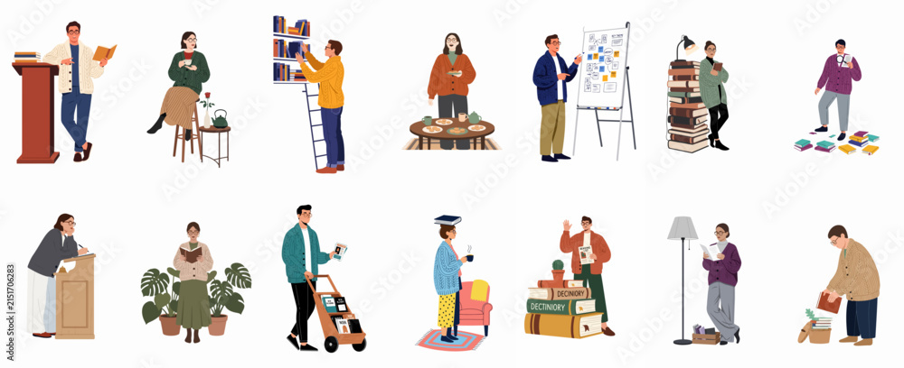 Fototapeta premium Set of flat vector illustrations featuring diverse people reading, studying, and organizing books in libraries, schools, and home environments.