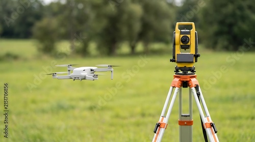 A small white drone hovering in the air near a yellow surveying total station on a wooden tripod in a large green field with blurred trees