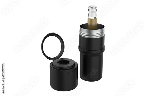 Modern stainless steel double wall vacuum insulated beverage cooler cup designed to hold standard cans and bottles, isolated on white background. 3D illustration