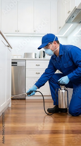 A pest control technician wearing a blue uniform, cap, and face mask kneeling on a wooden floor while spraying insecticide under a kitchen cabinet