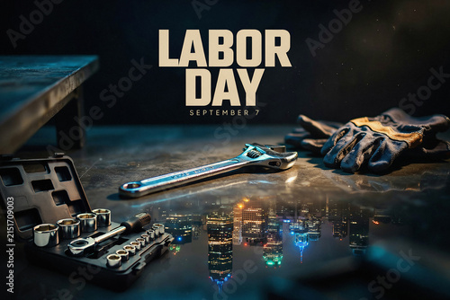 Labor Day September 7 greeting with mechanic tools, industrial wrench and work gloves on workbench, city skyline reflection