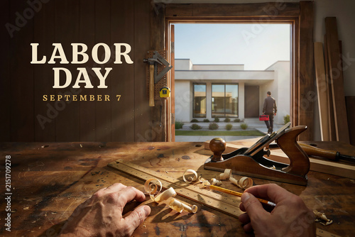Labor Day September 7 greeting on wooden workshop background. Carpentry tools and wood shavings on workbench. Construction site view.