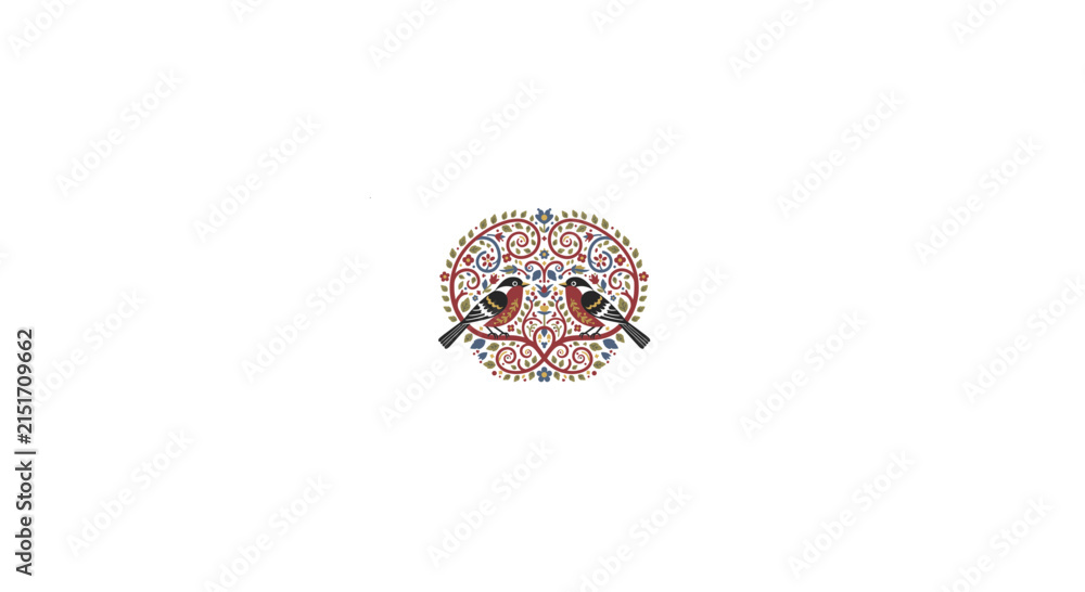 Fototapeta premium Beautiful folk art style illustration featuring two birds perched on ornate branches with floral patterns.