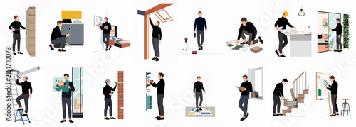 Collection of illustrations depicting a male professional worker performing various home renovation, construction, and repair tasks in different room settings.