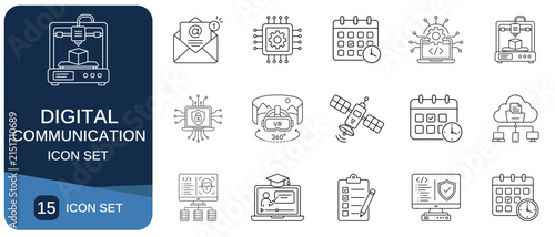 Bild auf Leinwand Fifteen digital communication icons including a 3d printer and virtual reality h