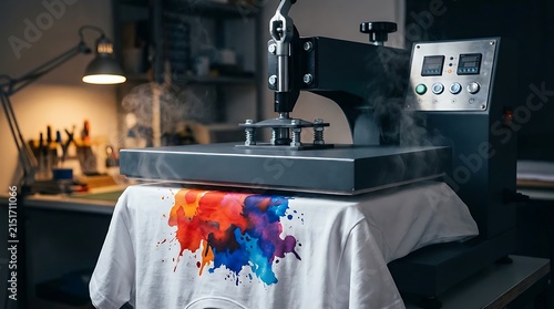 A heat press machine applying a colorful watercolor splash onto a white t-shirt in a workshop with tools and a lamp in the background