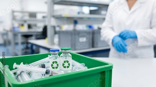 A green plastic crate containing glass medical vials with green recycling symbols and syringes in a laboratory setting with a scientist nearby