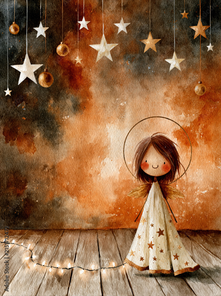 Obraz premium Cute Christmas Angel Watercolor Background – AI Generative