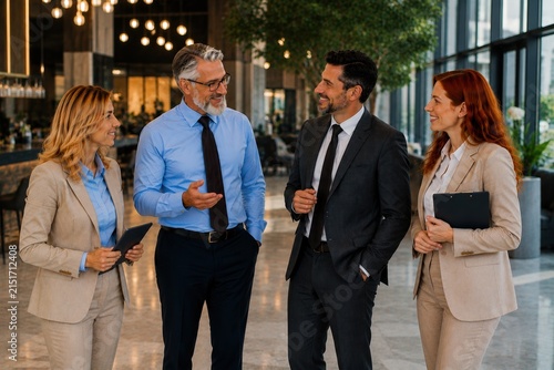 Professional business team discussing ideas and collaborating in a modern office.