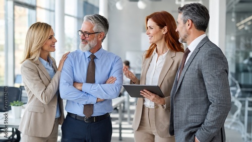 Professional business team discussing ideas and collaborating in a modern office.