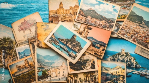 Assorted vintage travel postcards showcasing picturesque european landscapes