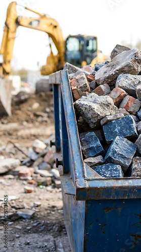 A blue metal dumpster filled with broken bricks and concrete rubble at a construction site with a yellow excavator in the blurred background