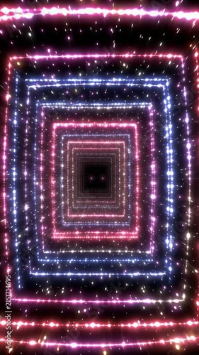 Abstract glowing square tunnel light in dark space with pink and blue sparkle, neon pattern, deep perspective, luminous corridor