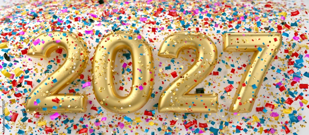 Obraz premium Golden 2027 numbers with colorful new year confetti, banner