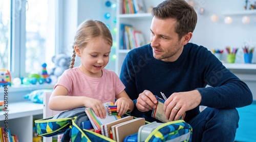 A caring father helping his young daughter pack her school backpack for class
