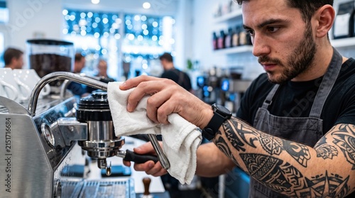 Professional barista cleaning the steam wand of an espresso machine in a modern cafe