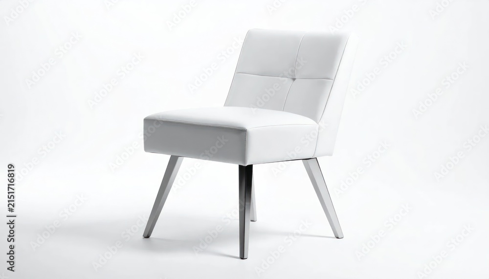 Fototapeta premium A modern, white leather chair with metallic legs, isolated on a white background