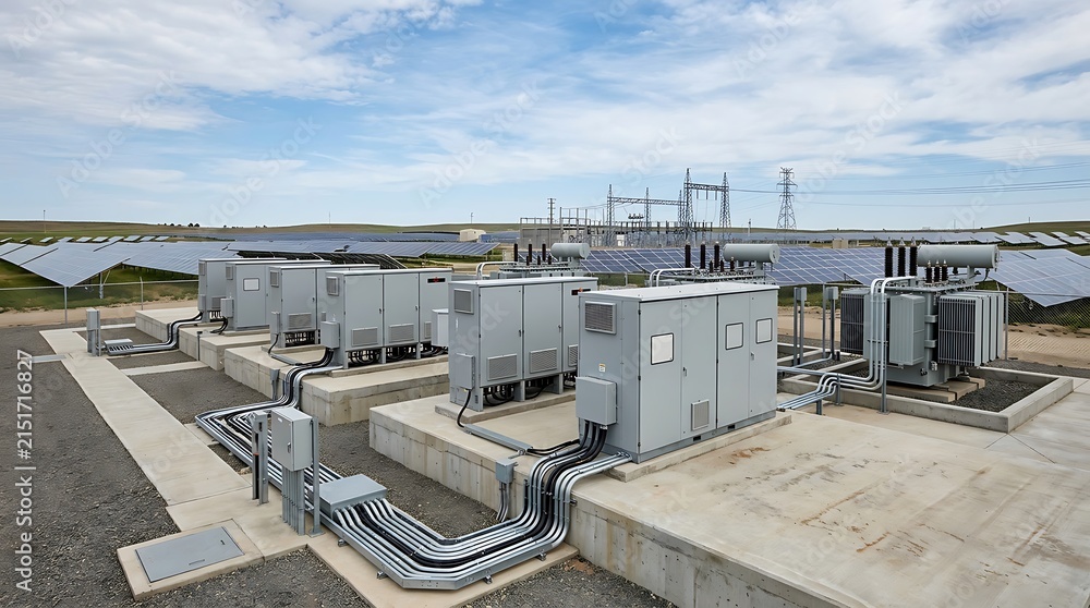 Fototapeta premium Solar Power Plant with Energy Storage System and Electrical Substation.