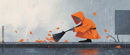 Person sweeping leaves in the rain.
