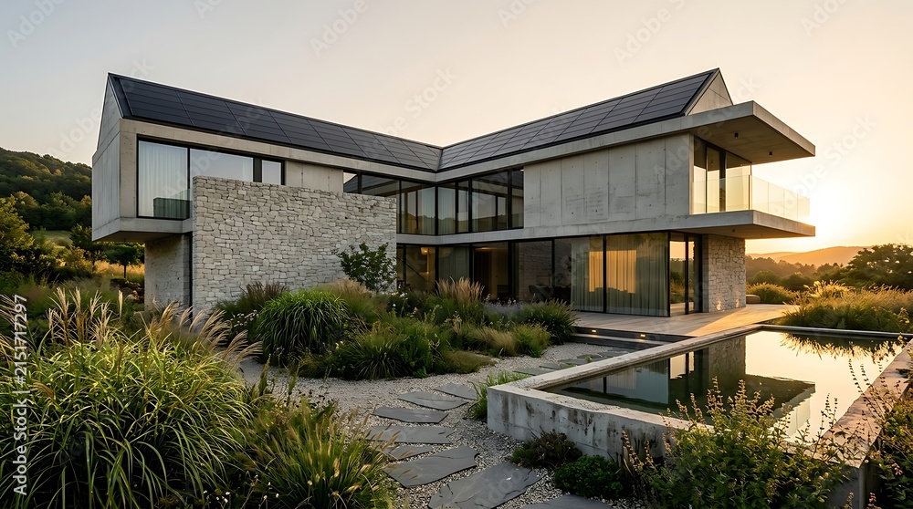 Fototapeta premium Modern Luxury Home with Reflecting Pool and Lush Landscaping at Sunset.