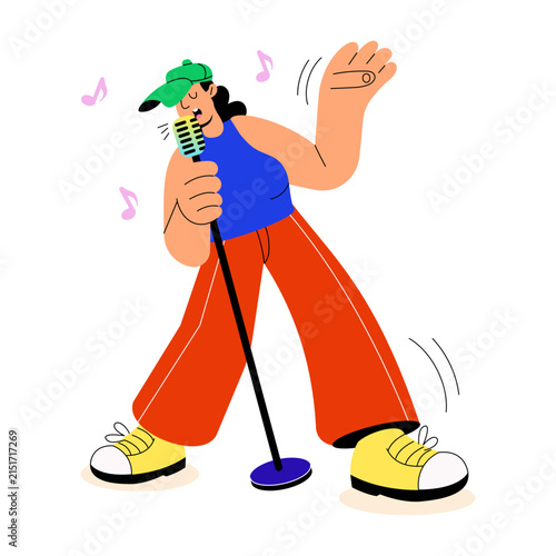 Stylish vocalist singing jazz into a handheld microphone with expressive movement.
