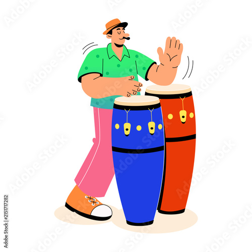 Фотография Standing percussionist playing two tall conga drums with both hands