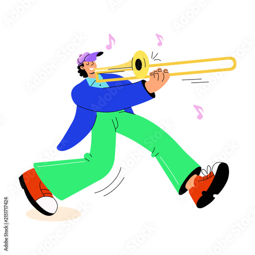 Obraz na plátne Animated brass musician playing a trombone while stepping forward