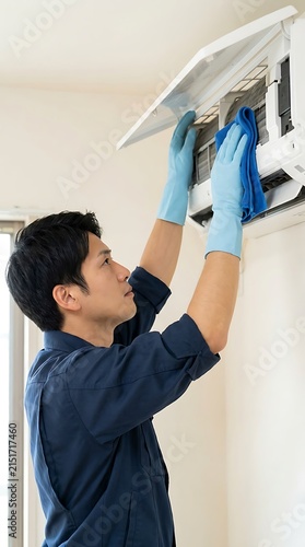 Service technician wearing blue uniform and protective gloves cleaning an air conditioning unit with a blue microfiber cloth in a room