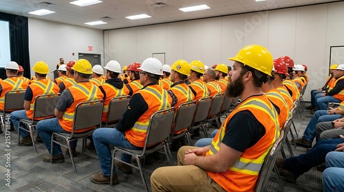 Large group of construction workers wearing orange safety vests and yellow hard hats sitting in rows in a conference room during a meeting