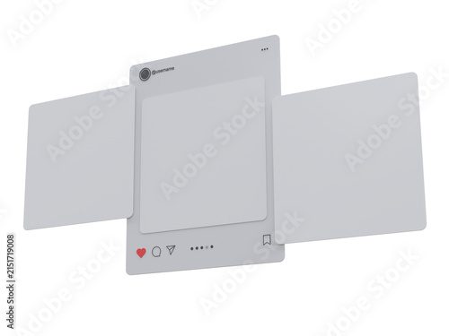 3D social media post mockup with blank feed interface content. Template for user carousel post feed, like, comment, business promotion, marketing campaigns, digital advertising, influencer content
