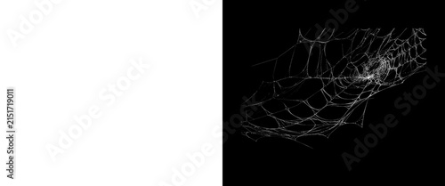 Spooky spider web on black background, eerie cobweb texture for Halloween design, creepy spiderweb overlay