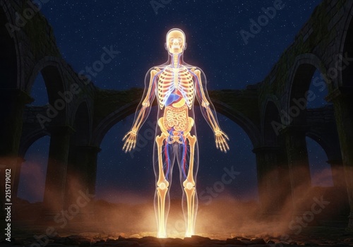 Human anatomical skeleton and organs front view isolated on white background