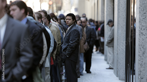 Persistent lines of job seekers, many unemployed due to economic hardships characterized by substantial layoffs and escalating unemployment figures, formed during a tough period