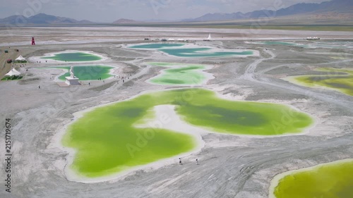 Aerial View of Dachaidan Emerald Lake: Colorful Salt Ponds, White Mineral Crust and Desert Landform in Qinghai